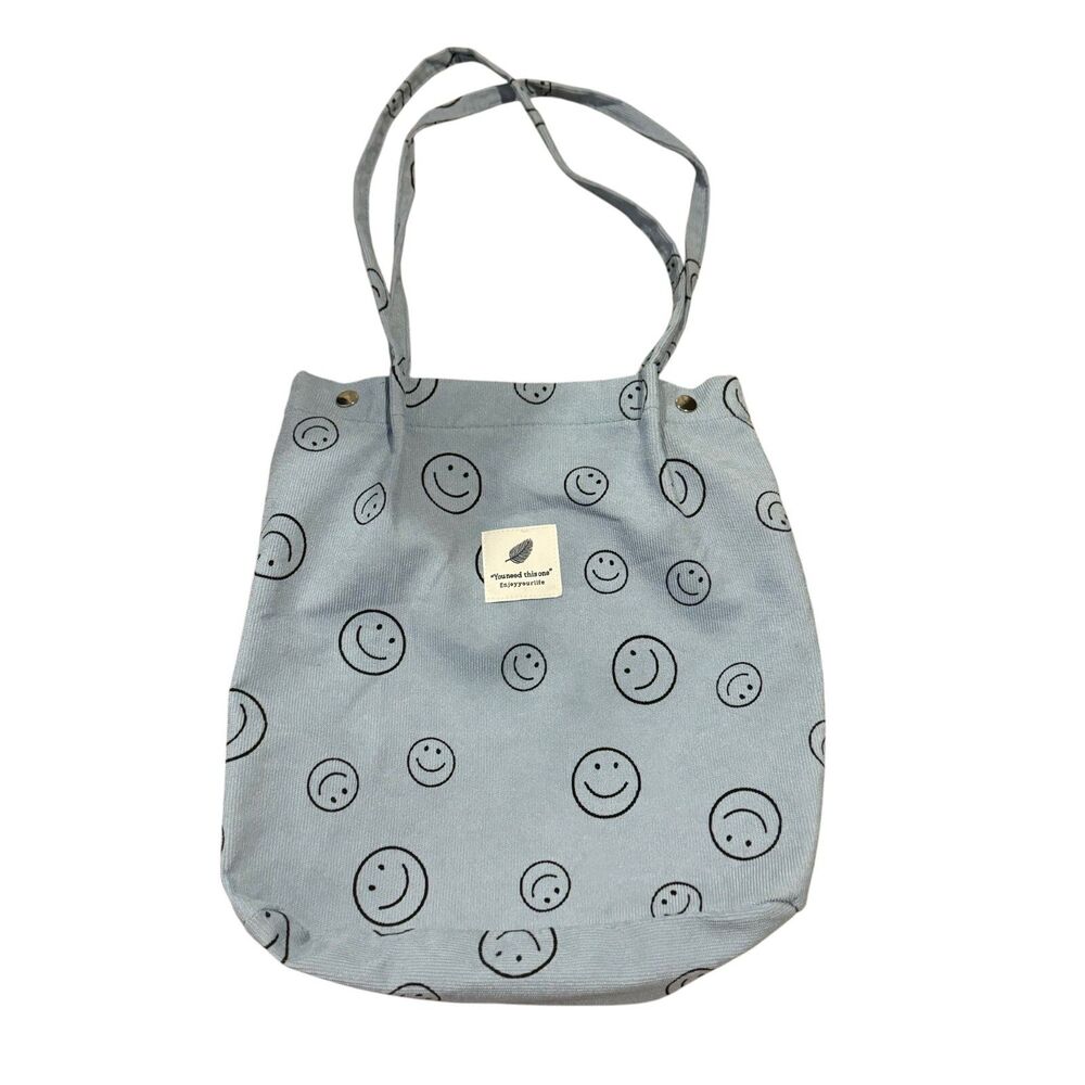 Corduroy Smile Light Blue Handbag Tote Bag Cute Aesthetic Trendy Boho Laptop